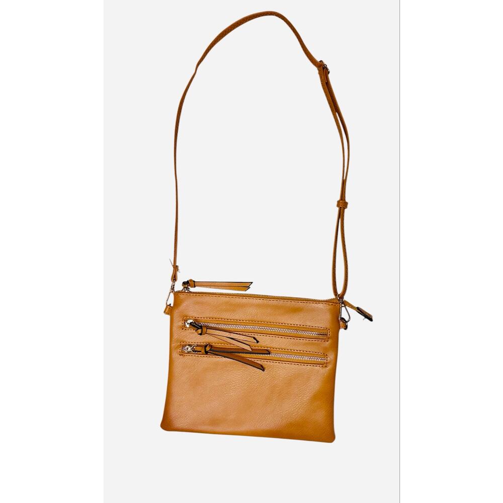 NWT Camel Cognac Vegan Leather Crossbody Bag Purse Double Zip Tassel Adjustable